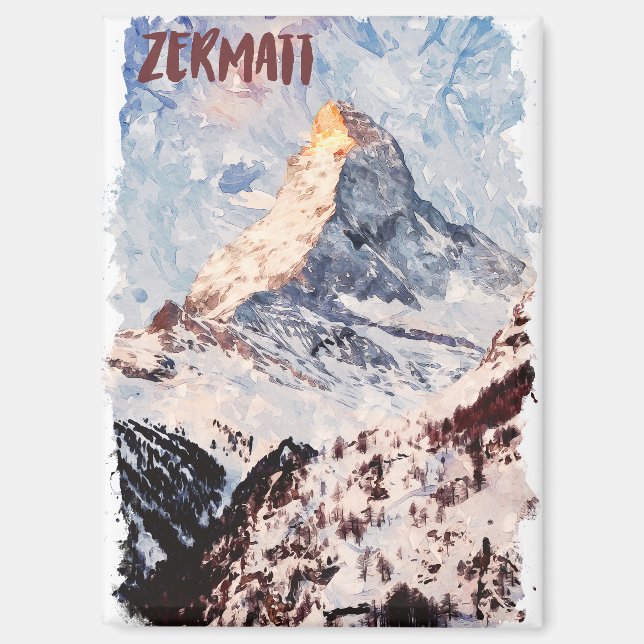 Zermatt Switzerland Swiss Alps Watercolor Magnet (Front)