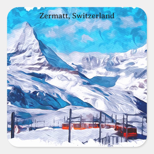 Zermatt Switzerland Swiss Alps Winter Watercolor Square Sticker (Front)