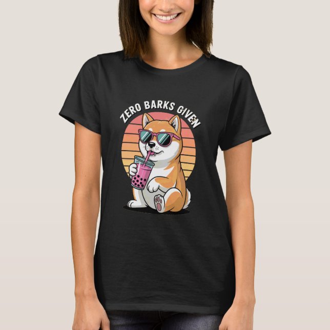 Zero Barks Given Boba-Loving Shiba Inu Dog T-Shirt (Front)