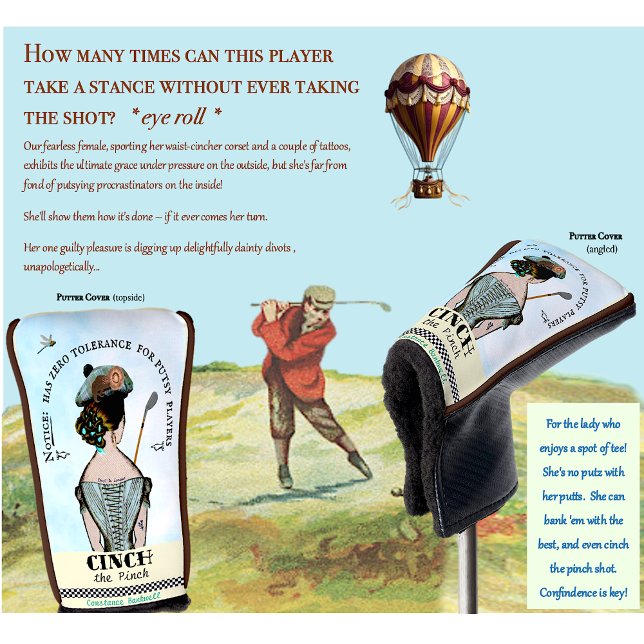 Zero-'Putsy'-Tolerance Lady's Putter Cover  (Personalize with your fairer-sex golfer's name. Coordinates with our 'Woman Driver' club cover too! )