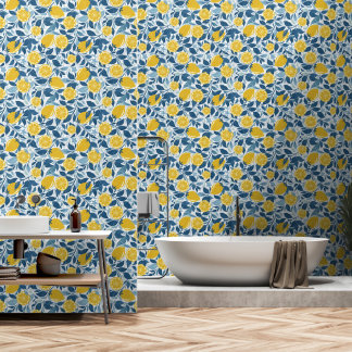 Zesty Lemon Garden - Bright Yellow and Blue Wallpaper