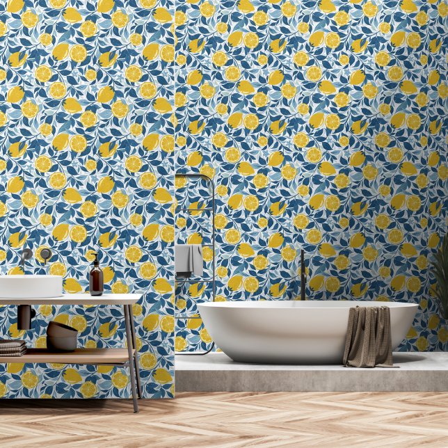 Zesty Lemon Garden - Bright Yellow and Blue Wallpaper (Bathroom)