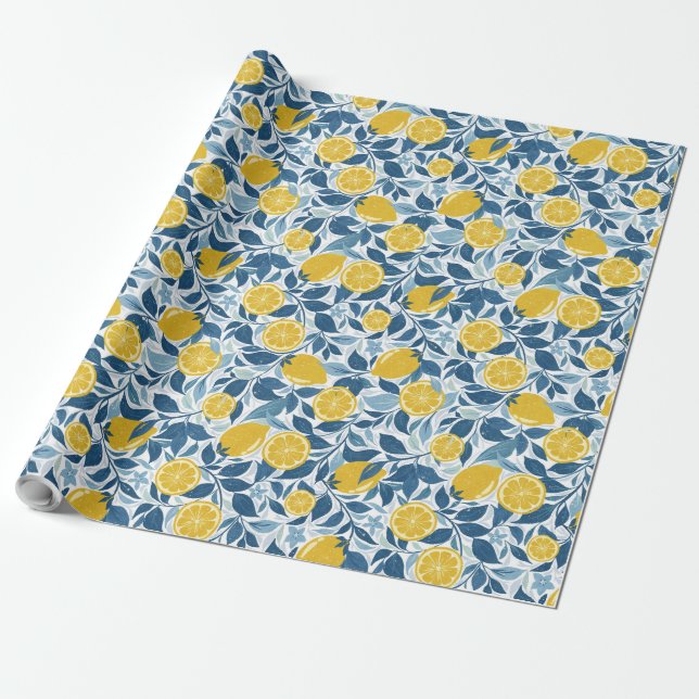 Zesty Lemon Garden - Bright yellow and Blue Wrapping Paper (Unrolled)