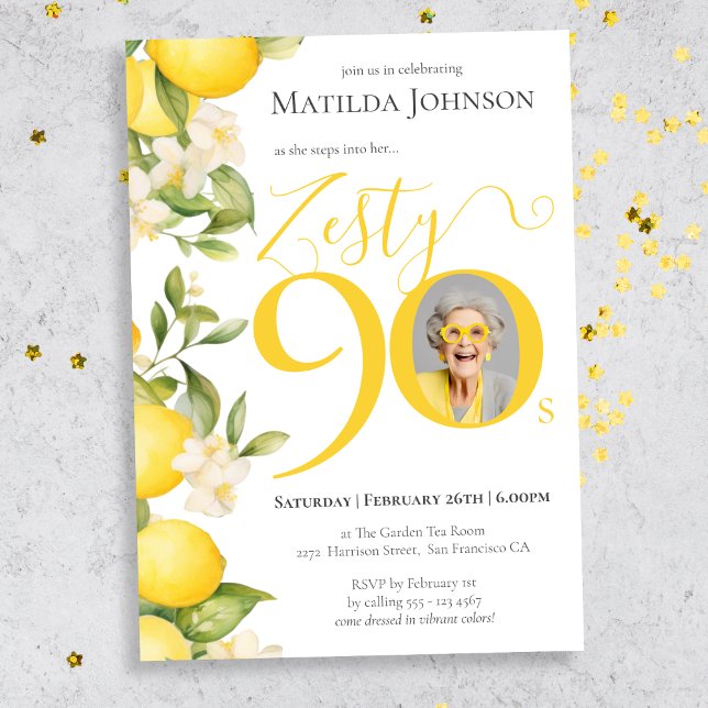 Zesty Lemon Photo Fun 90th Birthday Party Invitation (Mockup View)