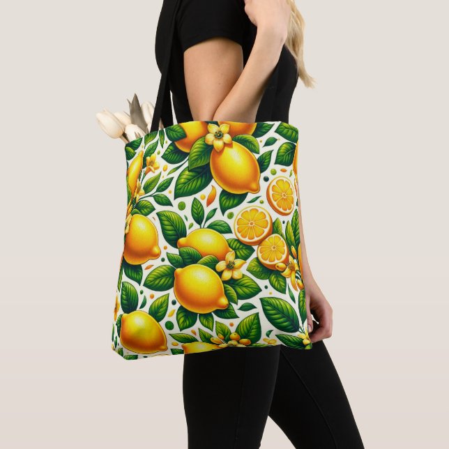 Zesty Lemon Whirl: A Citrus Symphony Tote Bag (Close Up)
