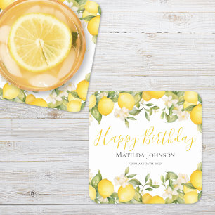 Zesty Lemons Fun Yellow Birthday Party Square Paper Coaster