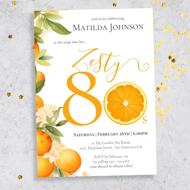Zesty Orange Fun 80th Birthday Party Invitation (Mockup View)