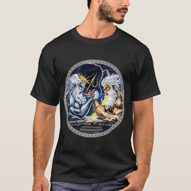 Zeus vs Poseidon Arm Wrestling T-Shirt (Front)