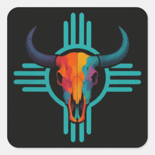 Zia Sun Bull Skull Square Sticker
