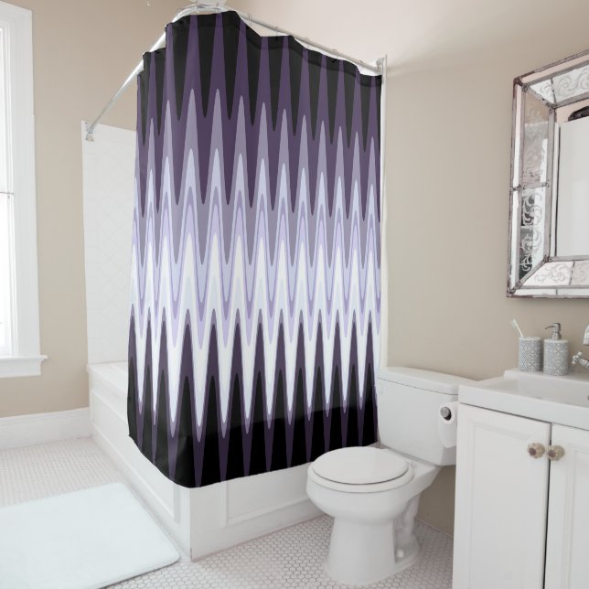 Zig Zag Black White Grey Dark Purple Beige Pattern Shower Curtain (In Situ)