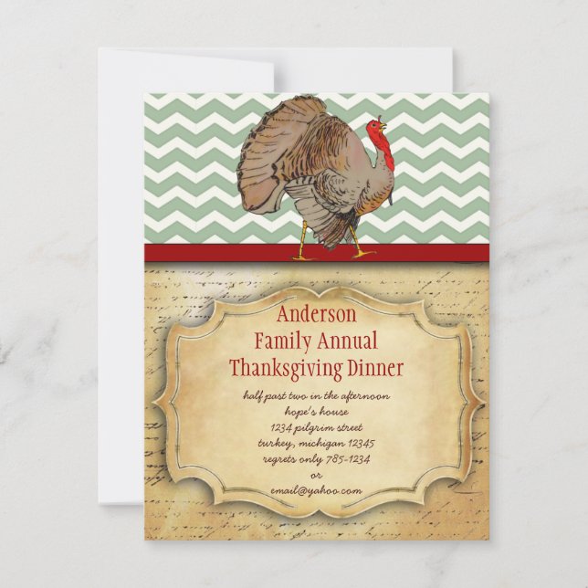 Zig Zag Traditional Thanksgiving Turkey Dinner Invitation (Front)