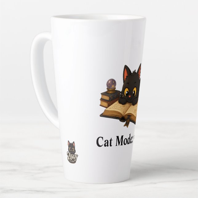 Ziggy the black cat reading a book latte mug (Left Angle)