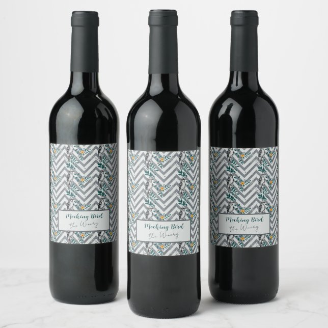 Zigzag Bird % Flower Pattern Wine Label (Bottles)