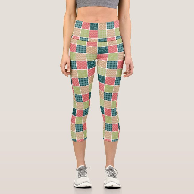 Zigzag, Chevron, Gingham, Polka Dots, Patchwork Capri Leggings (Front)