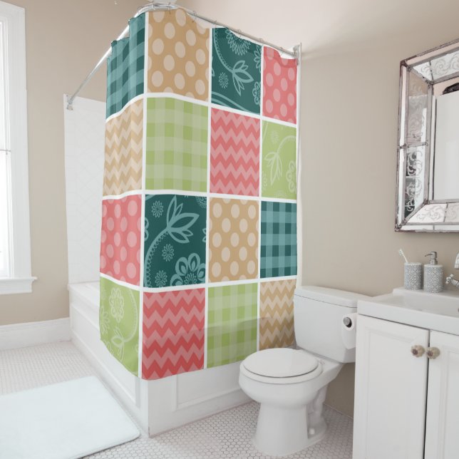 Zigzag, Chevron, Gingham, Polka Dots, Patchwork Shower Curtain (In Situ)