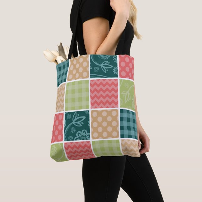 Zigzag, Chevron, Gingham, Polka Dots, Patchwork Tote Bag (Close Up)