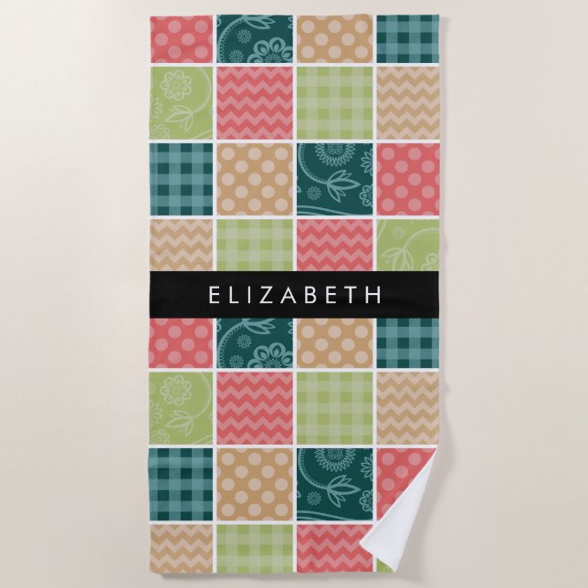 Zigzag, Chevron, Gingham, Polka Dots, Your Name Beach Towel (Front)