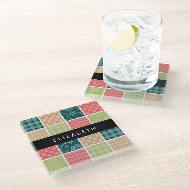 Zigzag, Chevron, Gingham, Polka Dots, Your Name Glass Coaster (Angled)