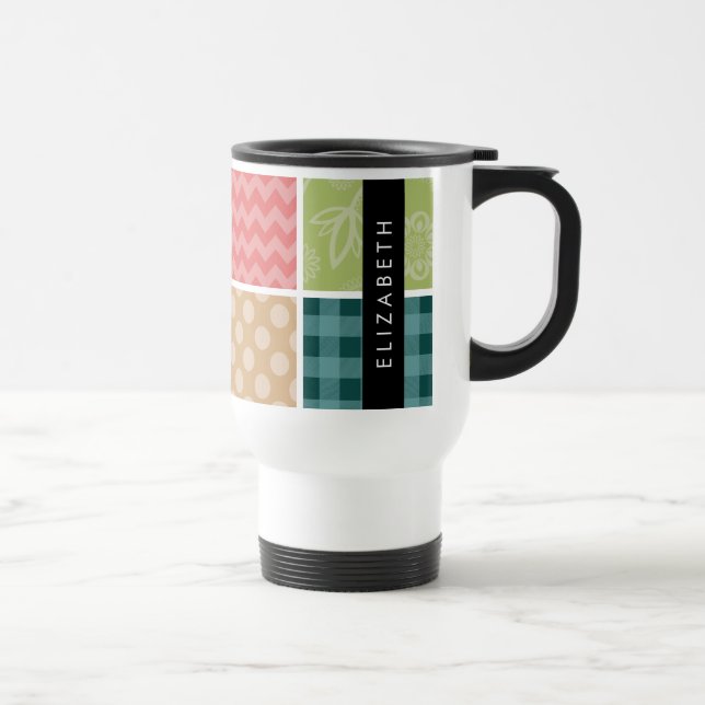 Zigzag, Chevron, Gingham, Polka Dots, Your Name Travel Mug (Right)