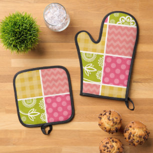 Zigzag, Chevron, Polka Dots, Gingham, Patchwork Oven Mitt & Pot Holder Set
