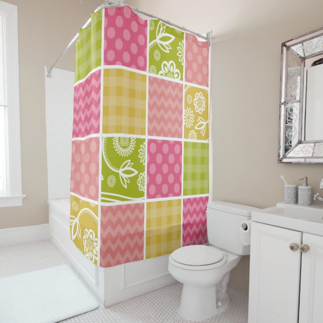 Zigzag, Chevron, Polka Dots, Gingham, Patchwork Shower Curtain (In Situ)
