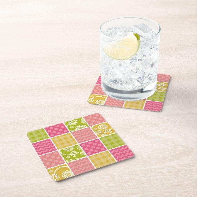 Zigzag, Chevron, Polka Dots, Gingham, Patchwork Square Paper Coaster (Insitu)