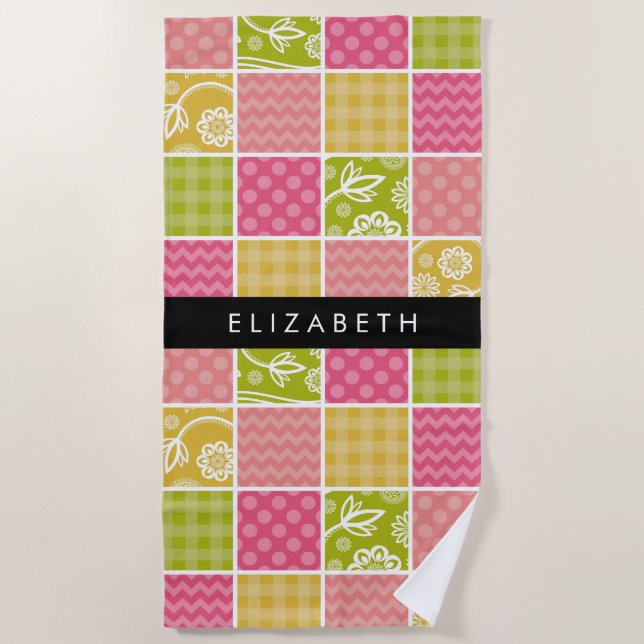 Zigzag, Chevron, Polka Dots, Gingham, Your Name Beach Towel (Front)
