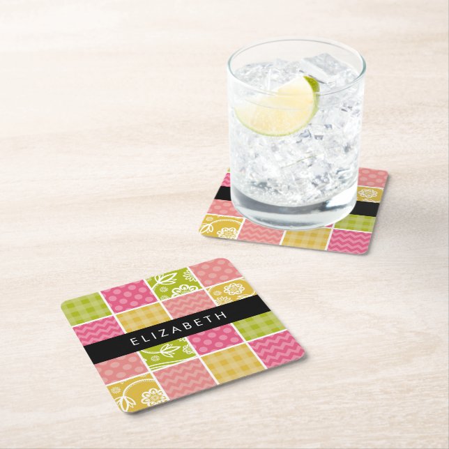 Zigzag, Chevron, Polka Dots, Gingham, Your Name Square Paper Coaster (Insitu)