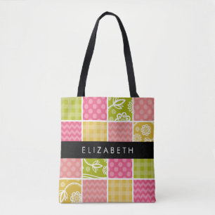 Zigzag, Chevron, Polka Dots, Gingham, Your Name Tote Bag