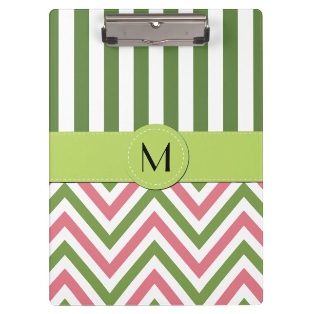 Zigzag, Chevron, Stripes, Pink, Green, Monogram Clipboard (Front)