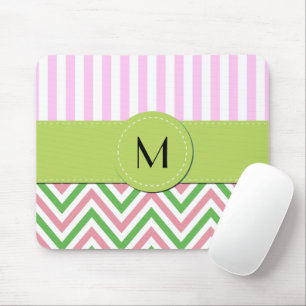 Zigzag, Chevron, Stripes, Pink, Green, Monogram Mouse Pad