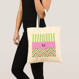 Zigzag, Chevron, Stripes, Pink, Green, Monogram Tote Bag