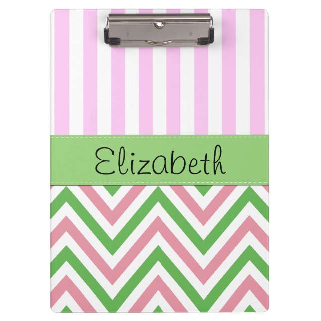 Zigzag, Chevron, Stripes, Pink, Green, Your Name Clipboard (Front)