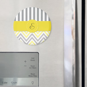 Zigzag, Chevron, Stripes, Yellow, Grey, Monogram Magnet