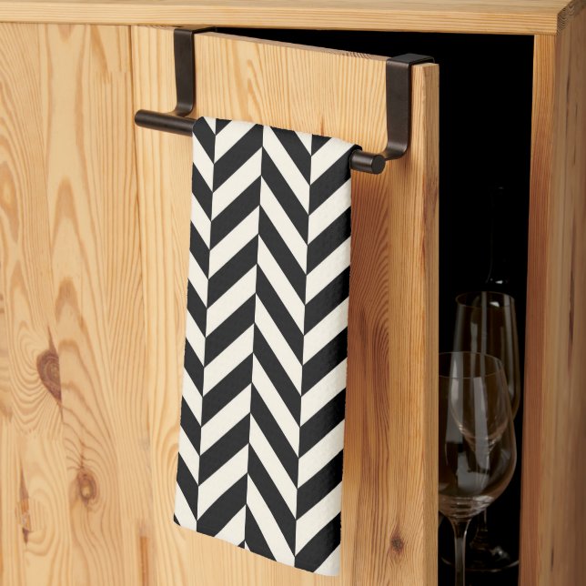 Zigzag Herringbone Black and Cream Tea Towel (Thirds Fold)