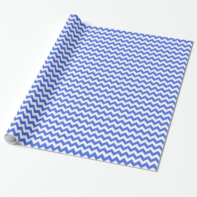 Zigzag I - White and Royal Blue Wrapping Paper (Unrolled)