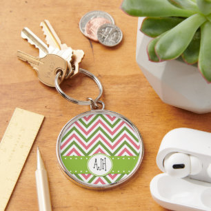 Zigzag Pattern, Chevron, Pink, Green, Monogram Key Ring