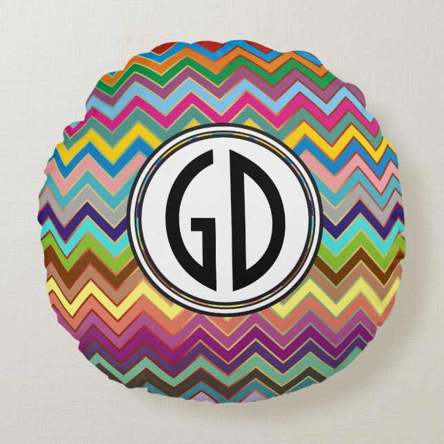 ZIGZAG pattern - coloured + your monogram Round Cushion (Front)