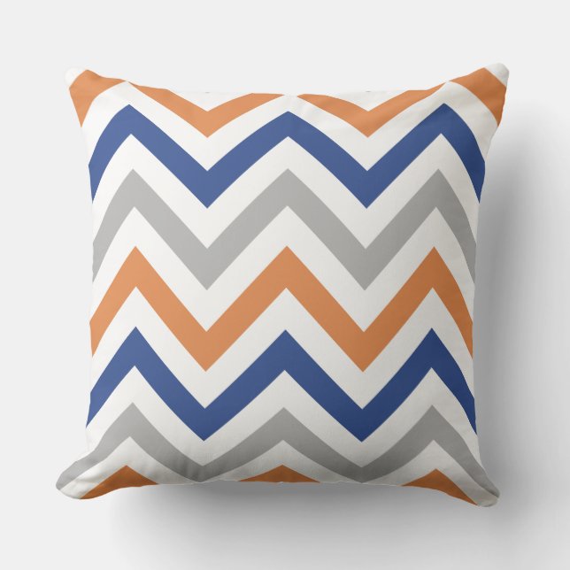 Zigzag Pattern Orange Blue Grey & White Cushion (Front)