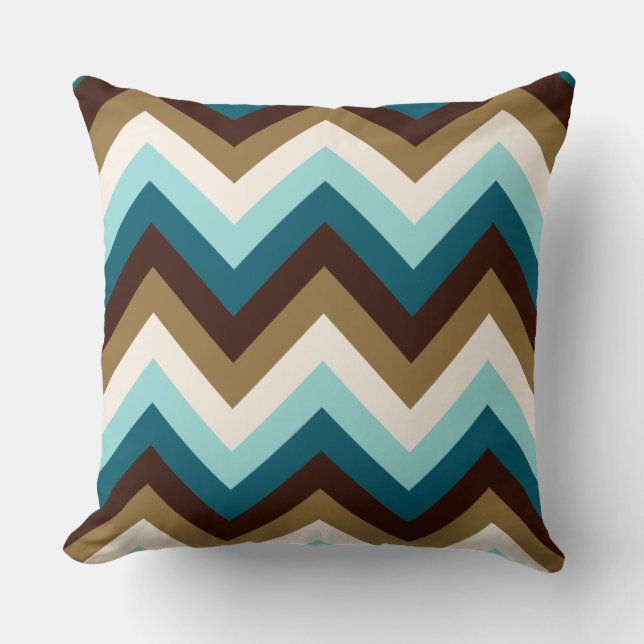 Zigzag Pattern Teals, Brown, Gold & Cream Cushion (Front)