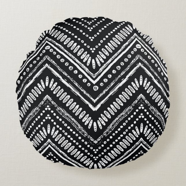 Zigzag Stripes: Hand Drawn Ethnic Round Cushion (Front)