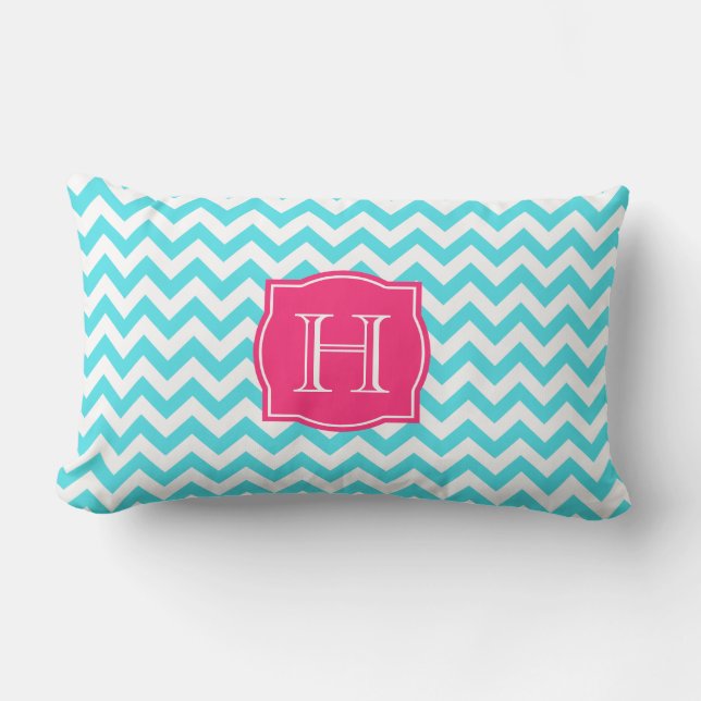 Zigzag Turquoise and Pink Custom Monogram Lumbar Cushion (Front)