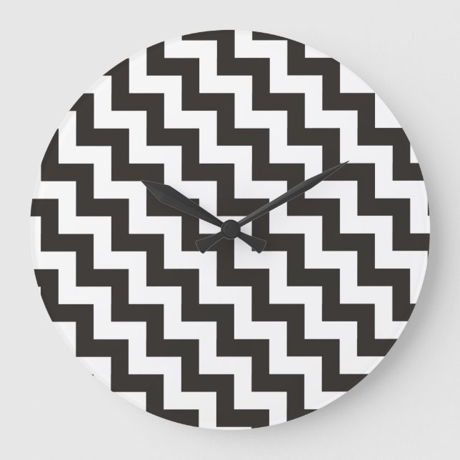 Zigzags Round Wall Clock, Black and White Chevrons Large Clock (Front)