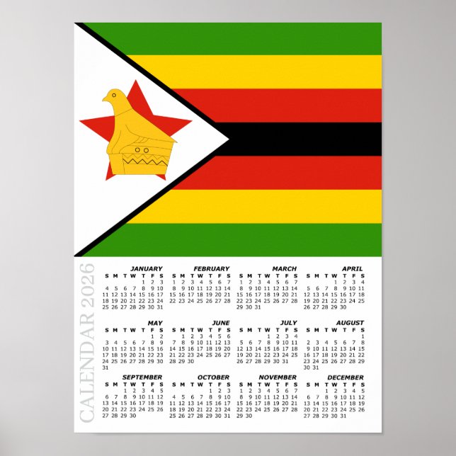 Zimbabwe 2026 Calendar, Large, Zimbabwe Flag Poster (Front)