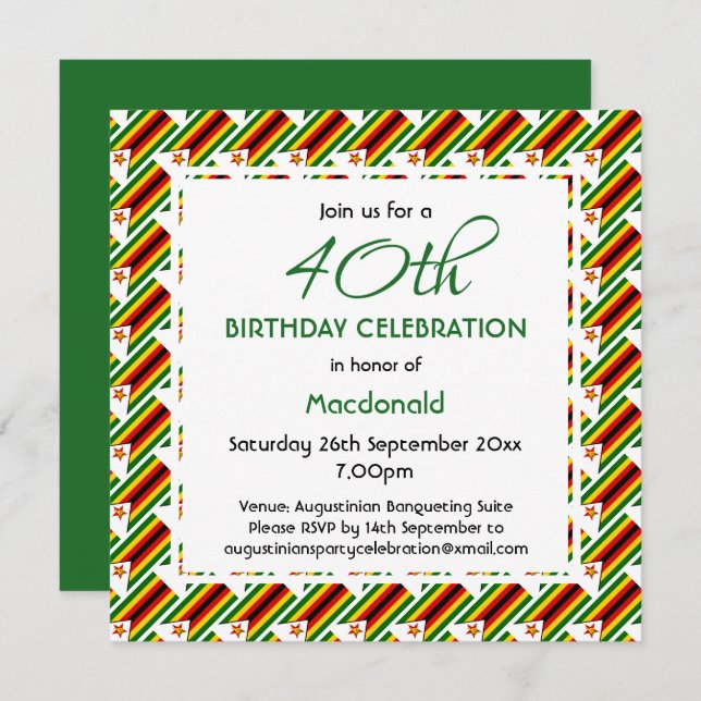 ZIMBABWE FLAG Custom 40th Birthday Celebration Invitation (Front/Back)