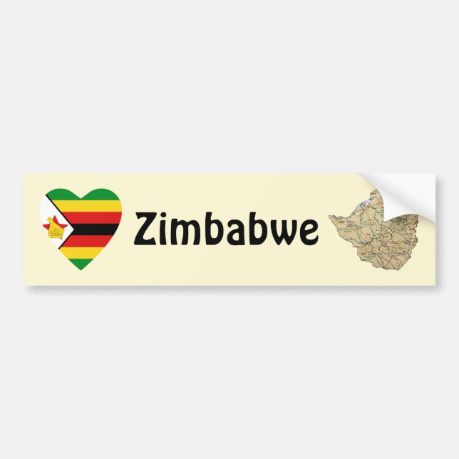 Zimbabwe Flag Heart + Map Bumper Sticker (Front)
