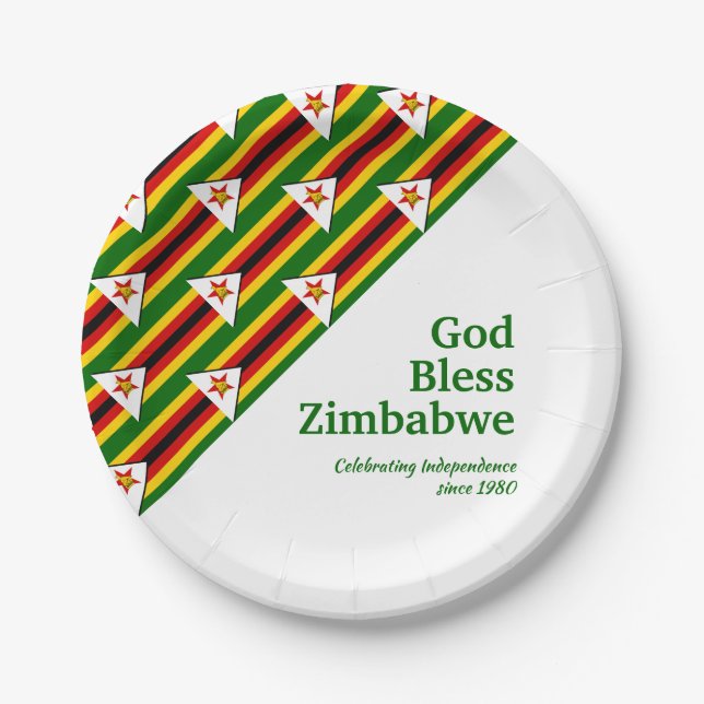 ZIMBABWE FLAG with Customised Text GOD BLESS Paper Plate (Front)