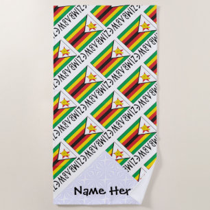 Zimbabwe Zimbabwean Flag Tiled Black Personalised Beach Towel
