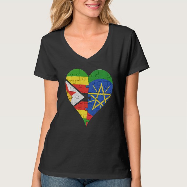 Zimbabwean Ethiopian Flag Heart T-Shirt (Front)