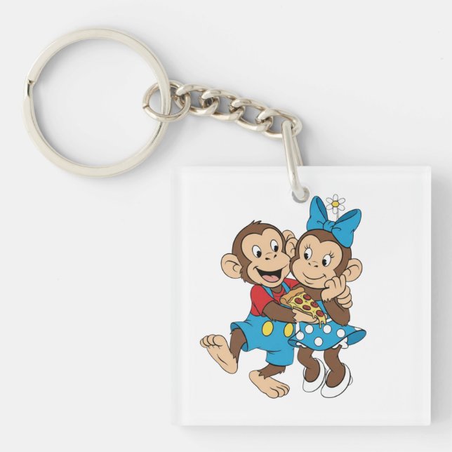 Zina and Mimo with a slice of pizza. Key Ring (Front)